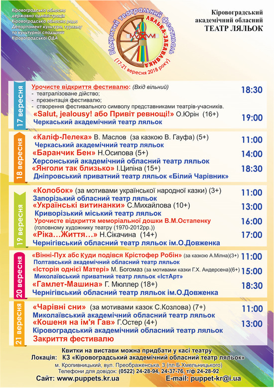 Сьогодні, вже за кілька годин (початок о 18.30), колектив Кіровоградського академічного обласного театру ляльок урочисто презентує Відкритий театральний фестиваль «Лялька-Забавлянка».