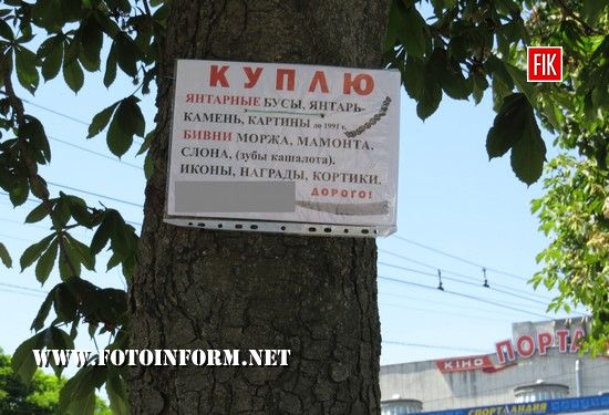 У Кропивницькому у мікрорайоні «Шкільний» на стовпах та деревах висить реклама покупця янтарю, антикваріату та холодної зброї. 