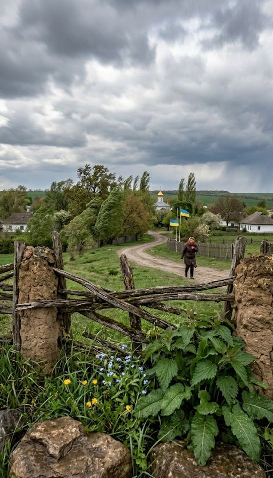 Краєвид українського села під похмурим небом із низькими дощовими хмарами, сильний вітер нахиляє квітучі дерева, на передньому плані старий плетений тин, каміння та весняна зелень