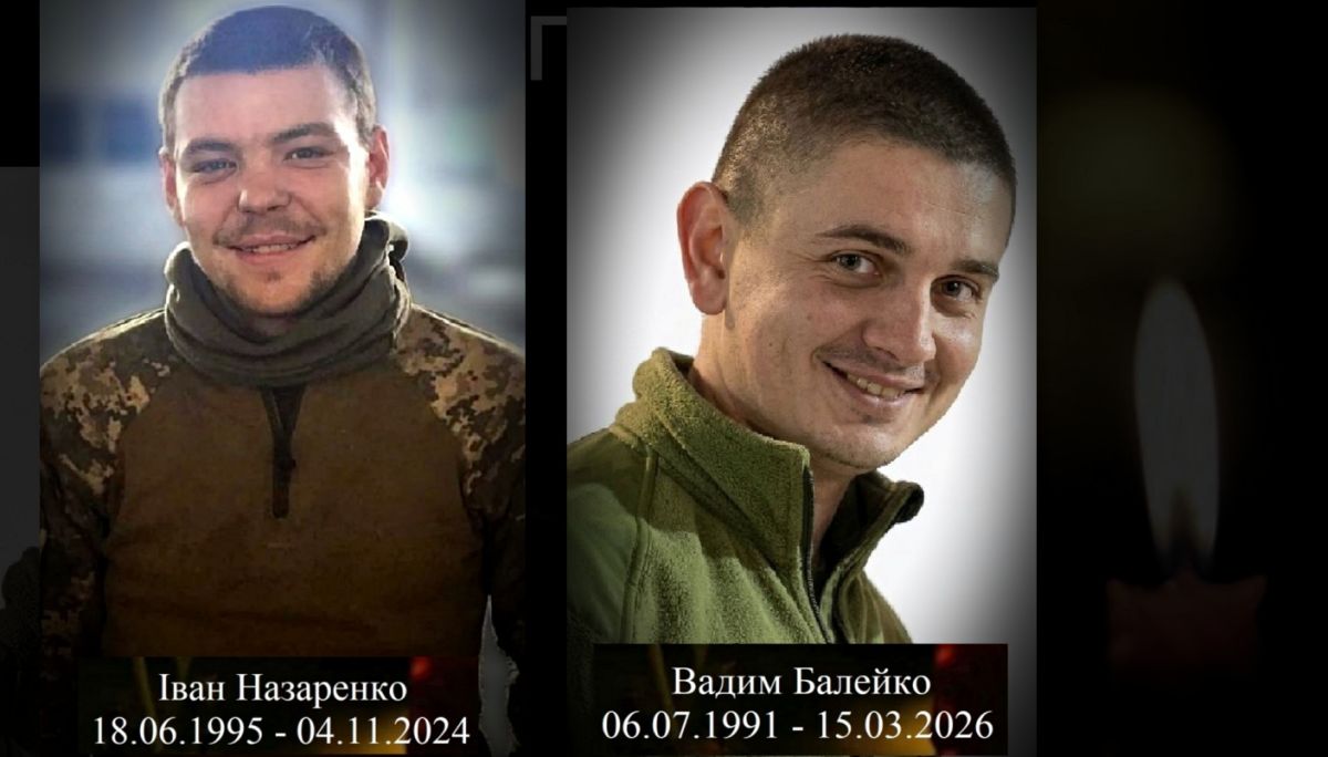 Портрети загиблих захисників України — Івана Назаренка та Вадима Балейка — під час церемонії прощання у Кропивницькому.