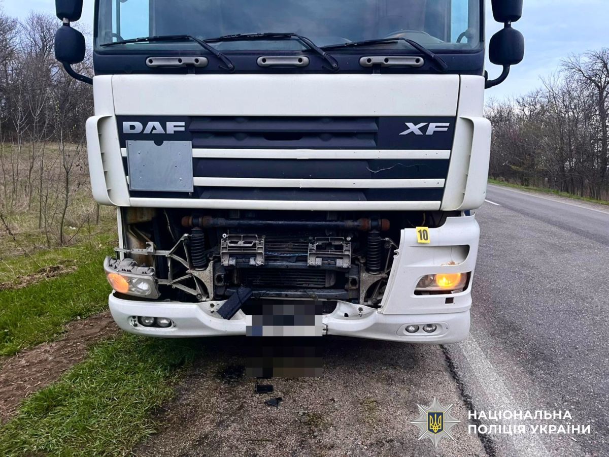 Вантажівка DAF та поліцейське авто на місці смертельної ДТП з велосипедистом на трасі Н-14 у Кропивницькому районі.