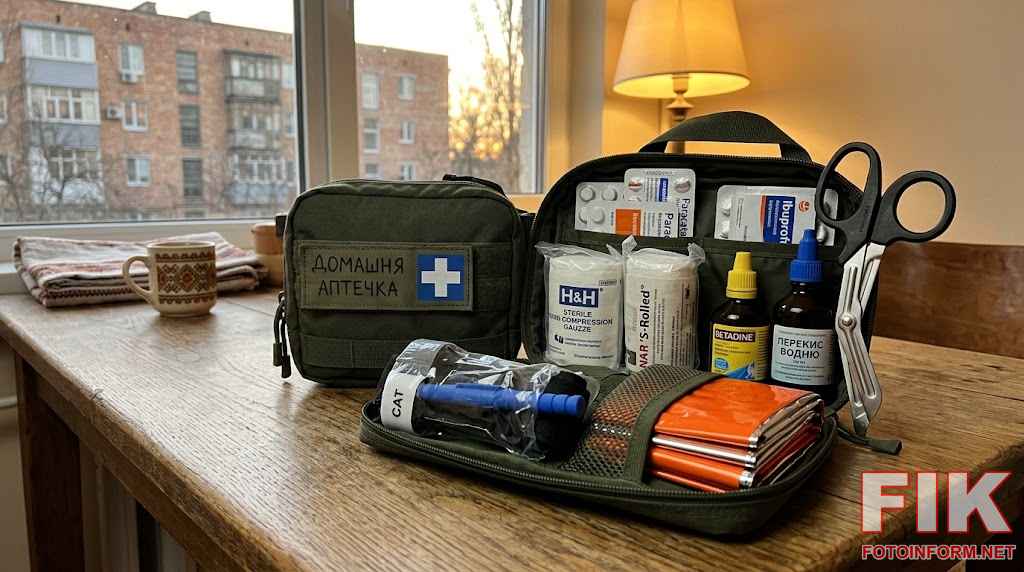 Зібрана домашня аптечка першої допомоги з турнікетом, бинтами та ліками під час війни.
