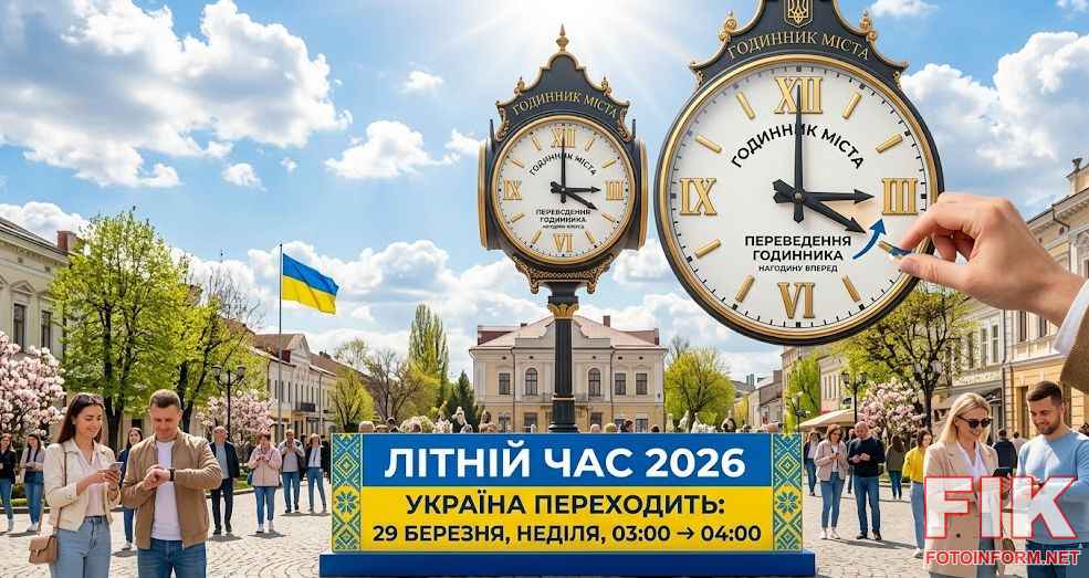 Інформаційний банер про перехід на літній час в Україні 29 березня 2026 року на фоні сонячної площі міста з годинником та українським прапором