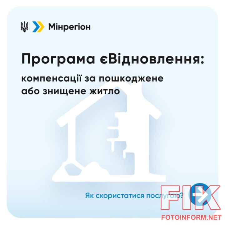 Інфографіка Міністерства розвитку громад та територій України з покроковим алгоритмом дій для отримання компенсації за пошкоджене або знищене житло через програму єВідновлення