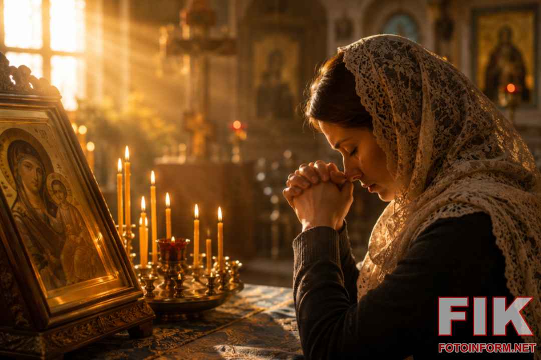 Дівчина ставить свічку біля ікони в храмі під час молитви за здоров'я та захист рідних.