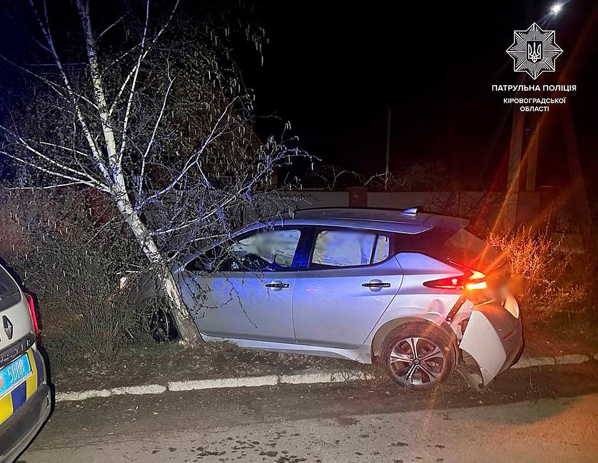 Розбитий автомобіль Nissan Leaf біля дерева після нічної ДТП у Кропивницькому, патрульна поліція на місці події.