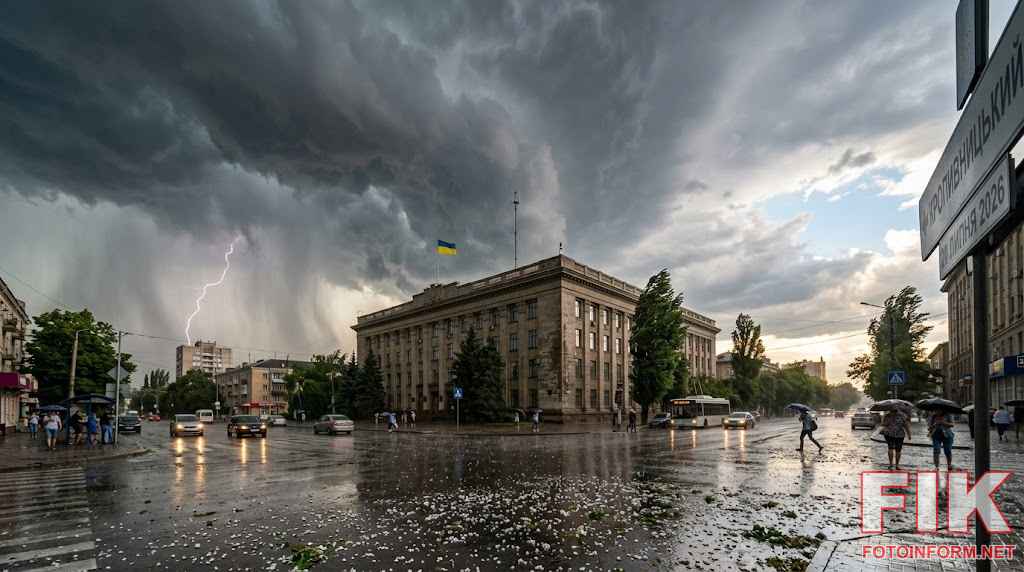 Гроза та град у Кропивницькому 20 липня 2026 року, штормова погода на центральній площі міста, сильний дощ та блискавка під час негоди в Україні.
