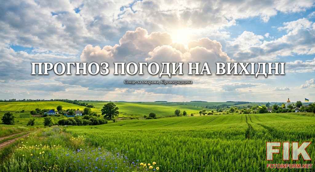 Сонце за хмарами над зеленим полем в Україні, що символізує мінливу хмарність та сонячну погоду на вихідні.