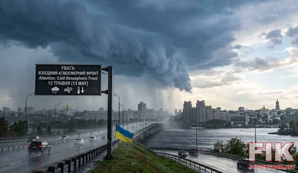 міст через Дніпро, автомобілі під дощем, український прапор та насування масивних дощових хмар на місто.
