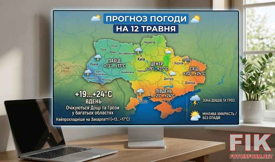 Карта України з прогнозом погоди на 12 травня, що показує зони дощів з грозами та температурний режим від +13 до +24 градусів.