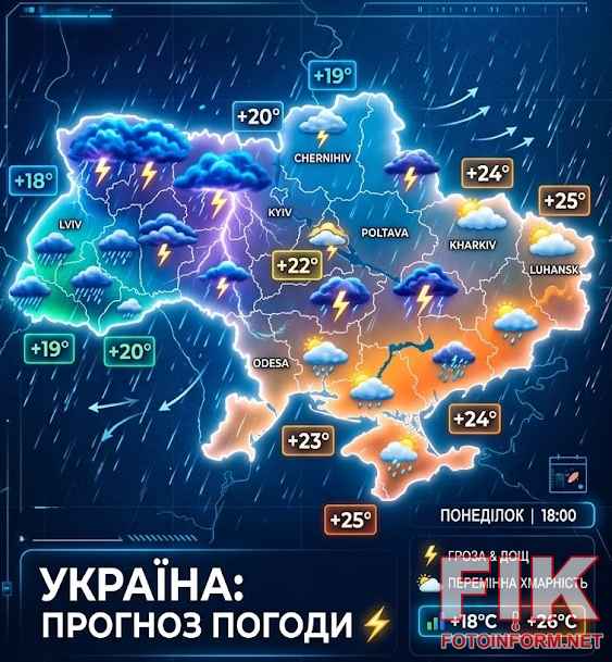 Карта прогнозу погоди в Україні із зображенням дощових хмар, блискавок та показниками температури повітря від +18 до +25 градусів.