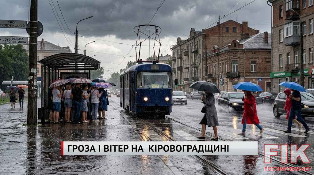 Сильний дощ та гроза на вулицях міста, люди з парасольками під час штормової погоди в Україні 28 липня