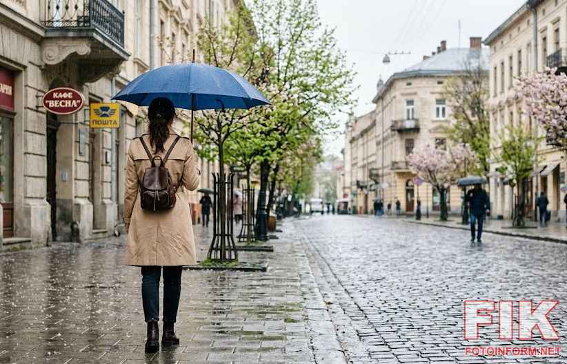 Жінка у плащі з синьою парасолькою стоїть на мокрій вулиці міста, весняний дощ у березні.