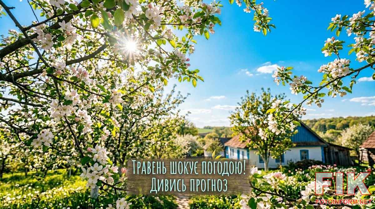 Сонячна весняна погода в Україні, чисте блакитне небо над квітучим садом, сонячні промені крізь зелене листя — ілюстрація до прогнозу погоди про антициклон 4 травня.