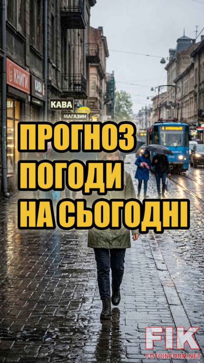 Весняна вулиця міста під час дощу 20 квітня, мокра бруківка, люди з парасольками та атмосферне хмарне небо.