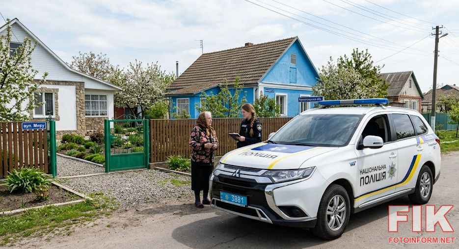 Символіка поліції та службове авто на фоні приватного сектору Кіровоградщини