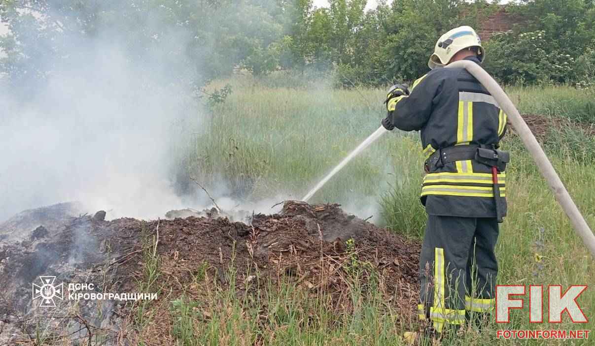 Рятувальники ДСНС ліквідують пожежу на відкритій території у Кіровоградській області, вогнеборці гасять полум'я.