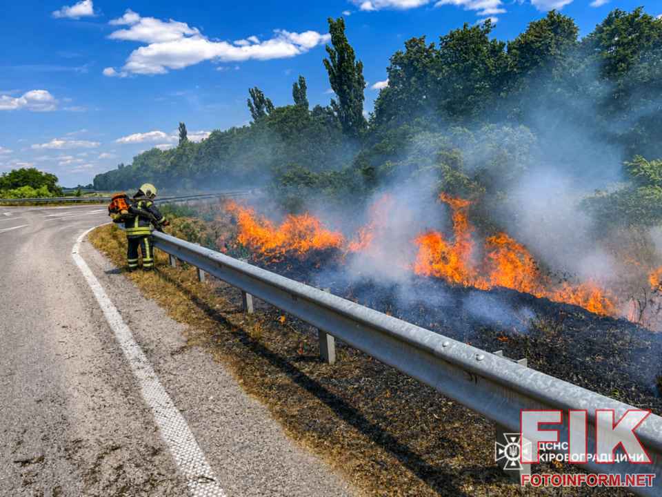 Рятувальники ДСНС ліквідують пожежу на Кіровоградщині, гасіння сухої трави та господарчих споруд.