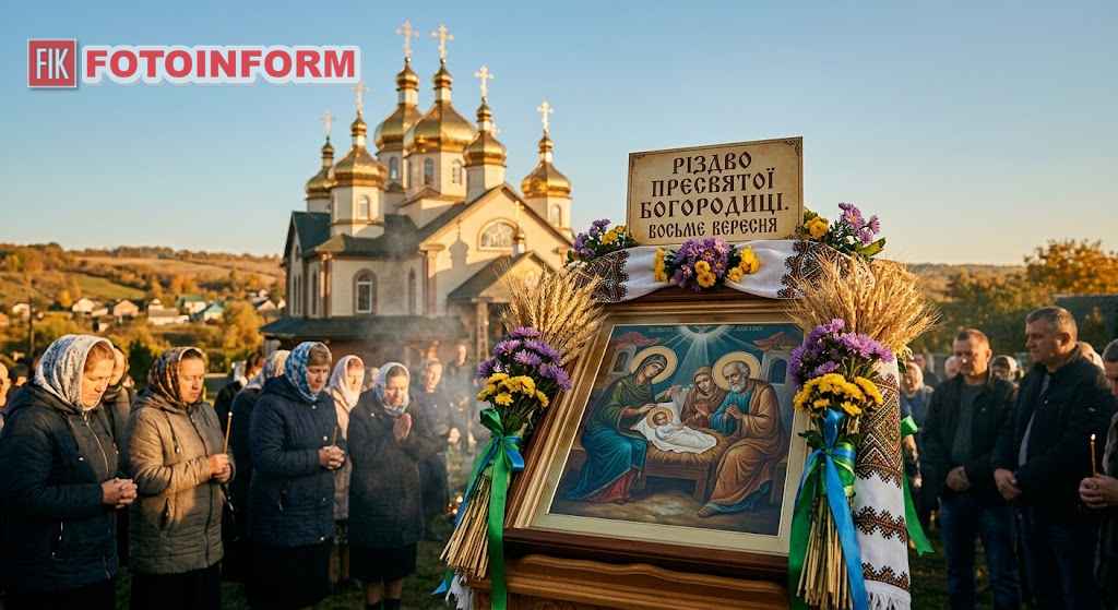 На панорамній фотографії зафіксовано урочисте молитовне зібрання української парафії на церковному подвір'ї в теплий осінній день, присвячене святкуванню Різдва Пресвятої Богородиці.