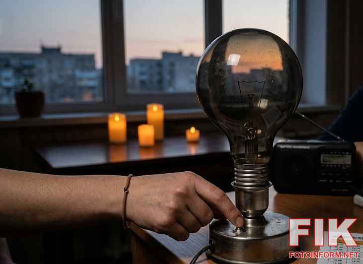 Велика настільна лампа, яка не світиться, на фоні роздрукованого графіка відключень та свічок — ілюстрація до новини про погодинні вимкнення світла на Кіровоградщині.