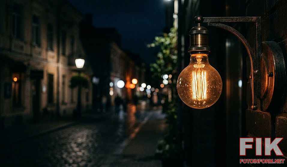 Вуличний ліхтар з лампочкою Едісона на фоні нічного міста — ілюстрація до новини про графіки відключення світла на Кіровоградщині