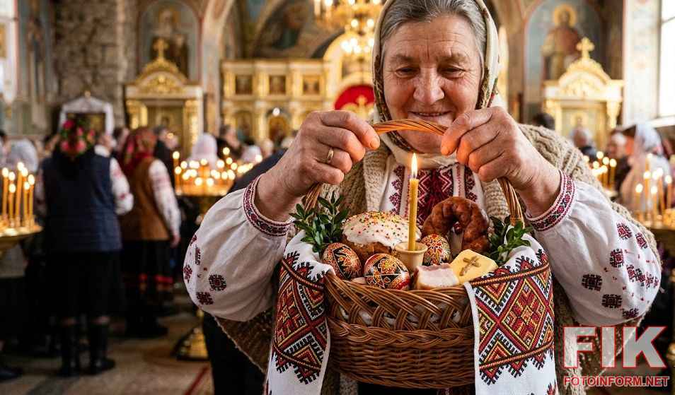 Літня жінка у хустці та вишитій сорочці тримає плетений кошик, накритий вишитим рушником, у якому лежить паска з білою глазур'ю, писанки та горить тонка свічка. На фоні видно золоте оздоблення церкви.