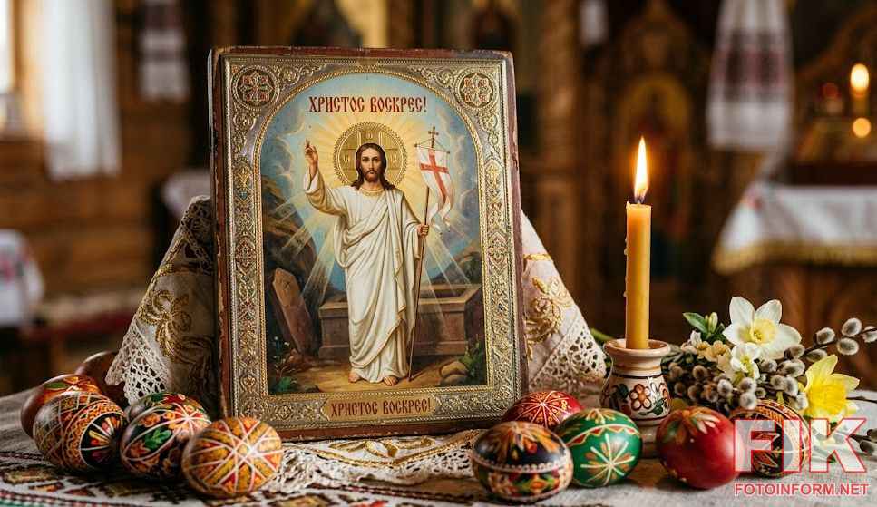 Святкова ікона Ісуса Христа в оточенні великодніх крашанок та запаленої свічки