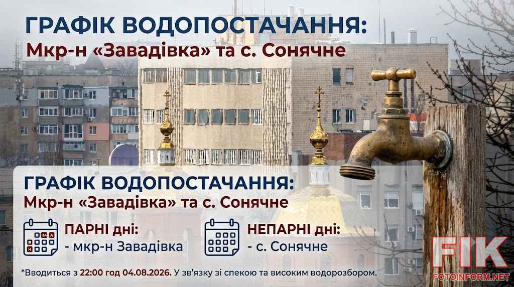 Графік подачі води та водопровідний кран на тлі спекотного літнього пейзажу в Кропивницькому